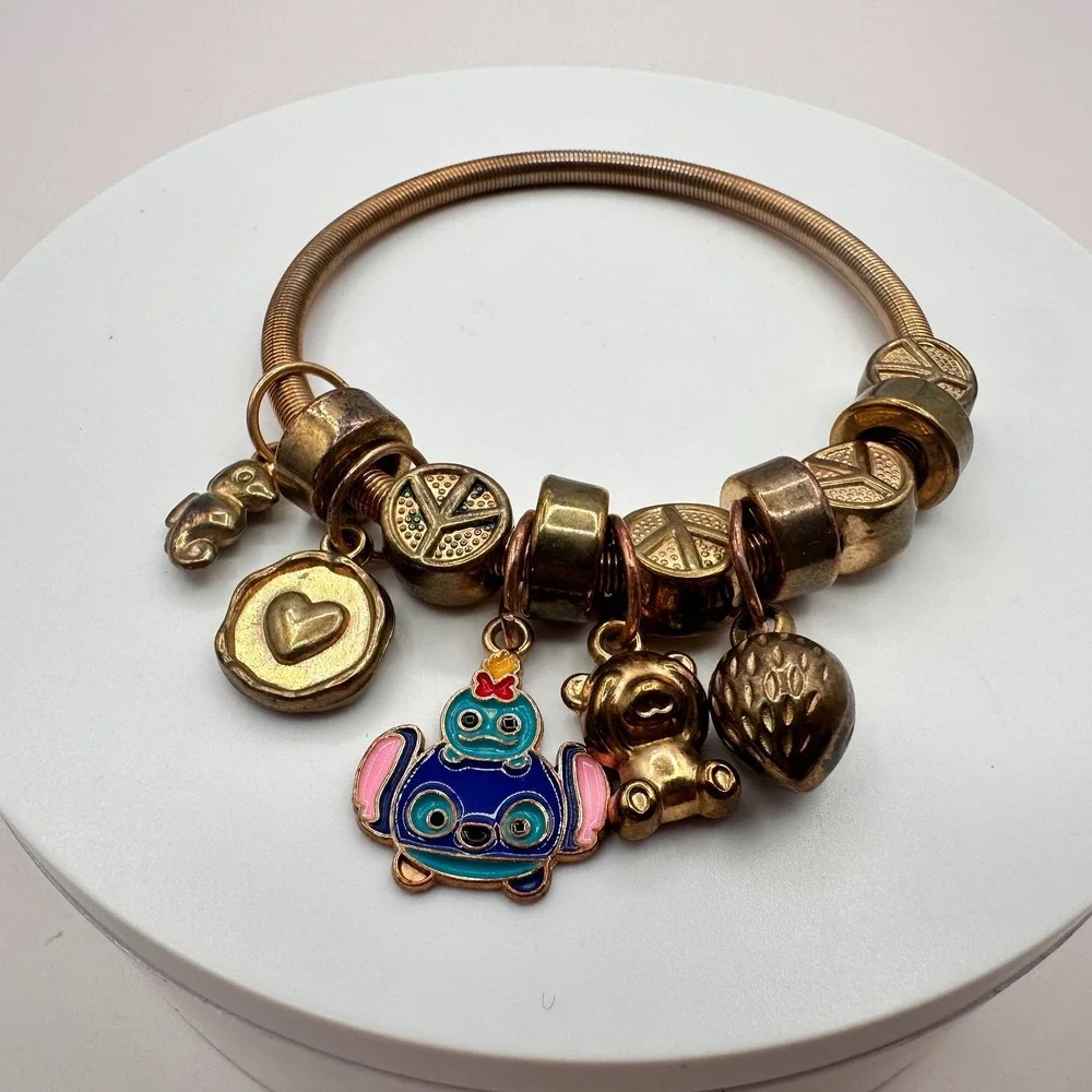 Vintage Y2K Gold Tone Peace Sign Expandable Charm Bracelet Women's Jewelry